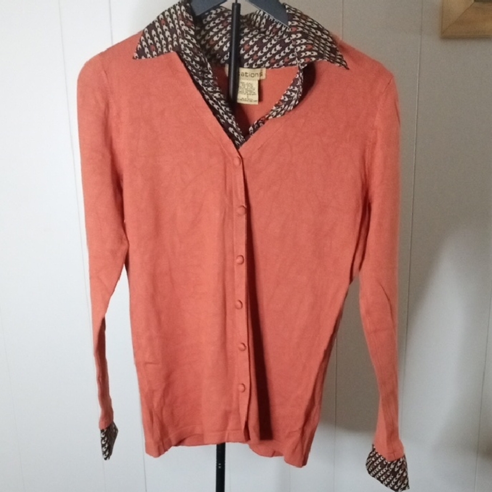 Notations Coral Cardigan with Houndstooth Collar